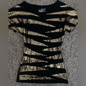 Y2k Womens Black and Gold Sequin Top
